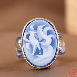 S925 Sterling Silver Rings for Women Men New Fashion White Shell Nine-tails-fox Vintage Enamel Jewelry Adjustalbe