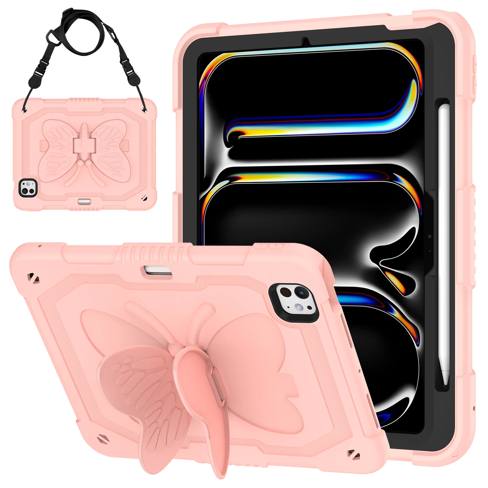 

Protection Tablet Cover Case of Cute Butterfly Pattern Stand Holder with Shoulder Strap for iPad Mini 6 7 Air 4 5 Pro 11 9.7