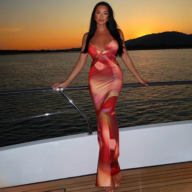 Trend Ins-style Printed Women's Clothes With Pleated Irregular Color-blocking Body Skirt V-neck Strapless Slim-fit Fashion Beach