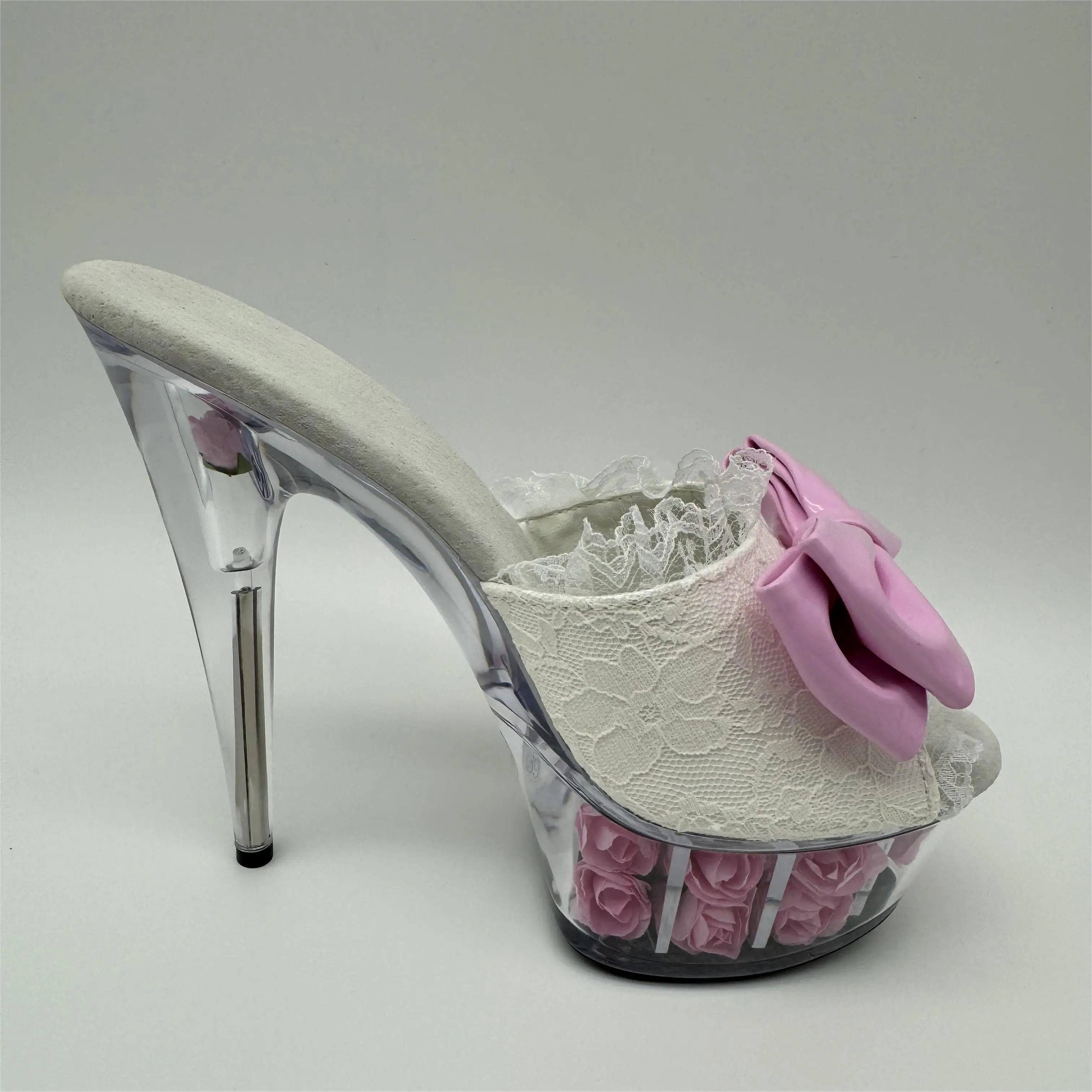 15cm high heel rose decoration platform, bow sexy sandals transparent 6 inch crystal Sandals