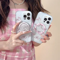 Pink Bow Pattern Glitter Phone Holder Case Lovely Bracket Stand Cover Fashion Cases iPhone 15 14 12 13 Pro Max 15Pro