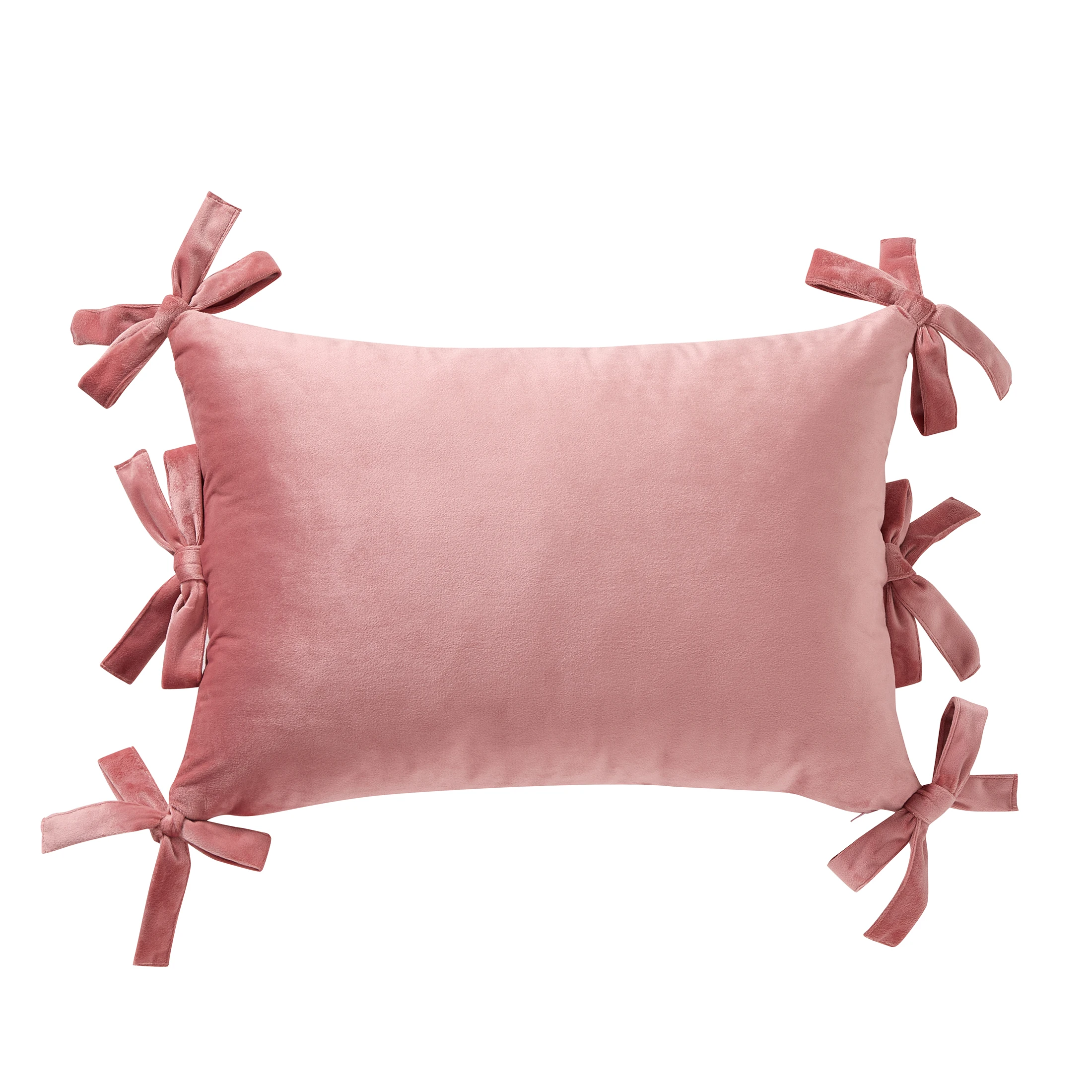 

14 inch by 20 inch blush pink velvet bow oblong decorative pillow