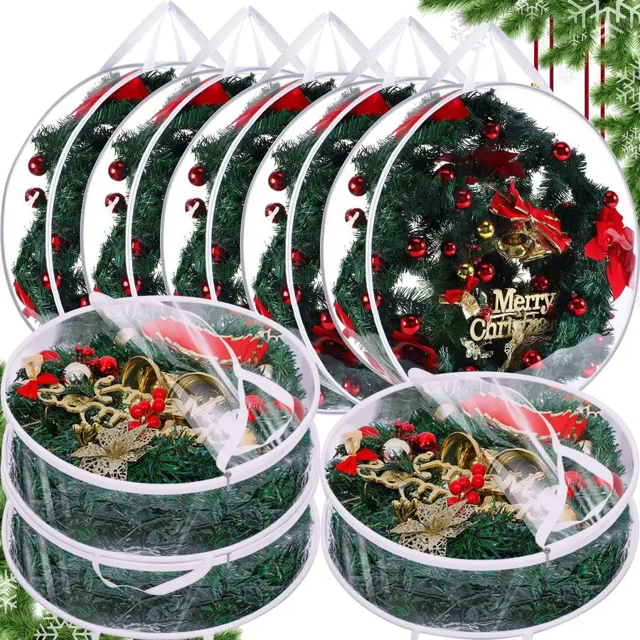 

Набор из 8 прозрачных контейнеров для хранения рождественских венков, 24 дюйма, пластиковые сумки для хранения новогодних гирлянд с двойными ручками
