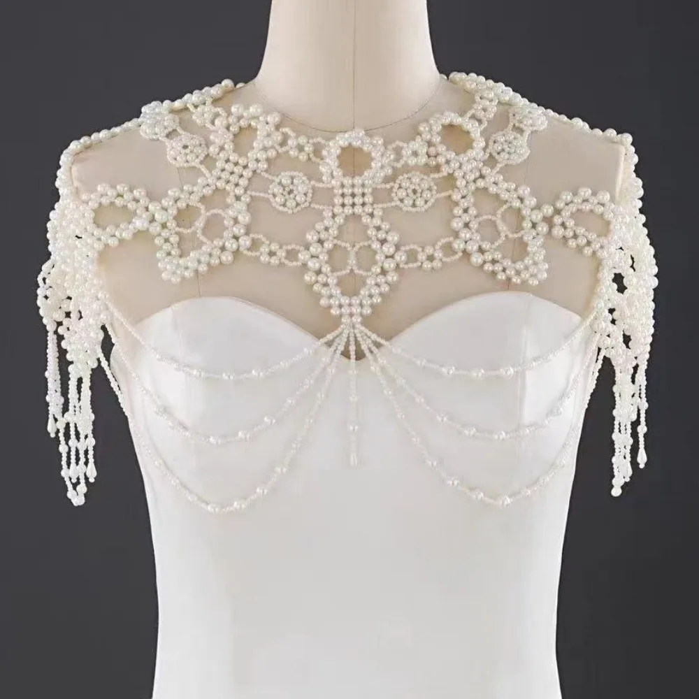 Fashion Hollow Wedding Pearl Shawl Handmade Beaded Shoulder Chain Pearl Tassel Bridal Wraps Bridal Wedding Dress