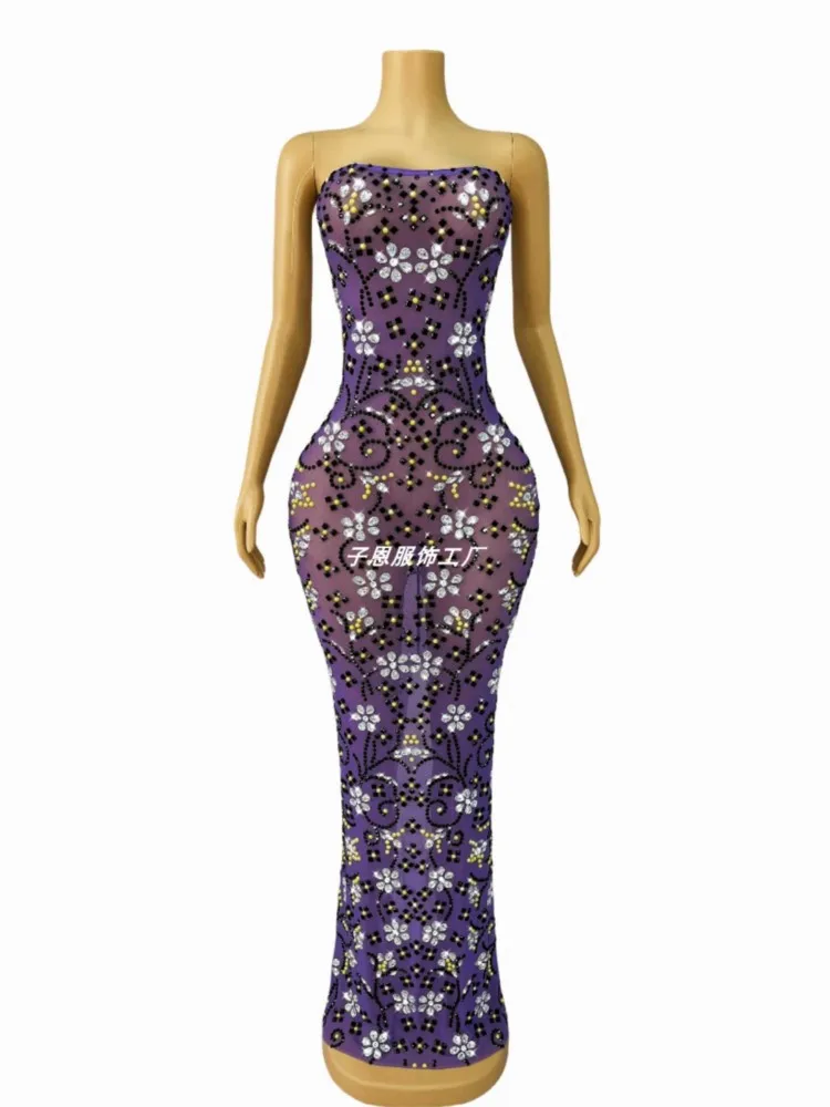 

High-end Magic Violet Sparkling Rhinestone Pearl Dress Cocktail Party Carpet Strapless Black Prison Flower Evening Party Dress