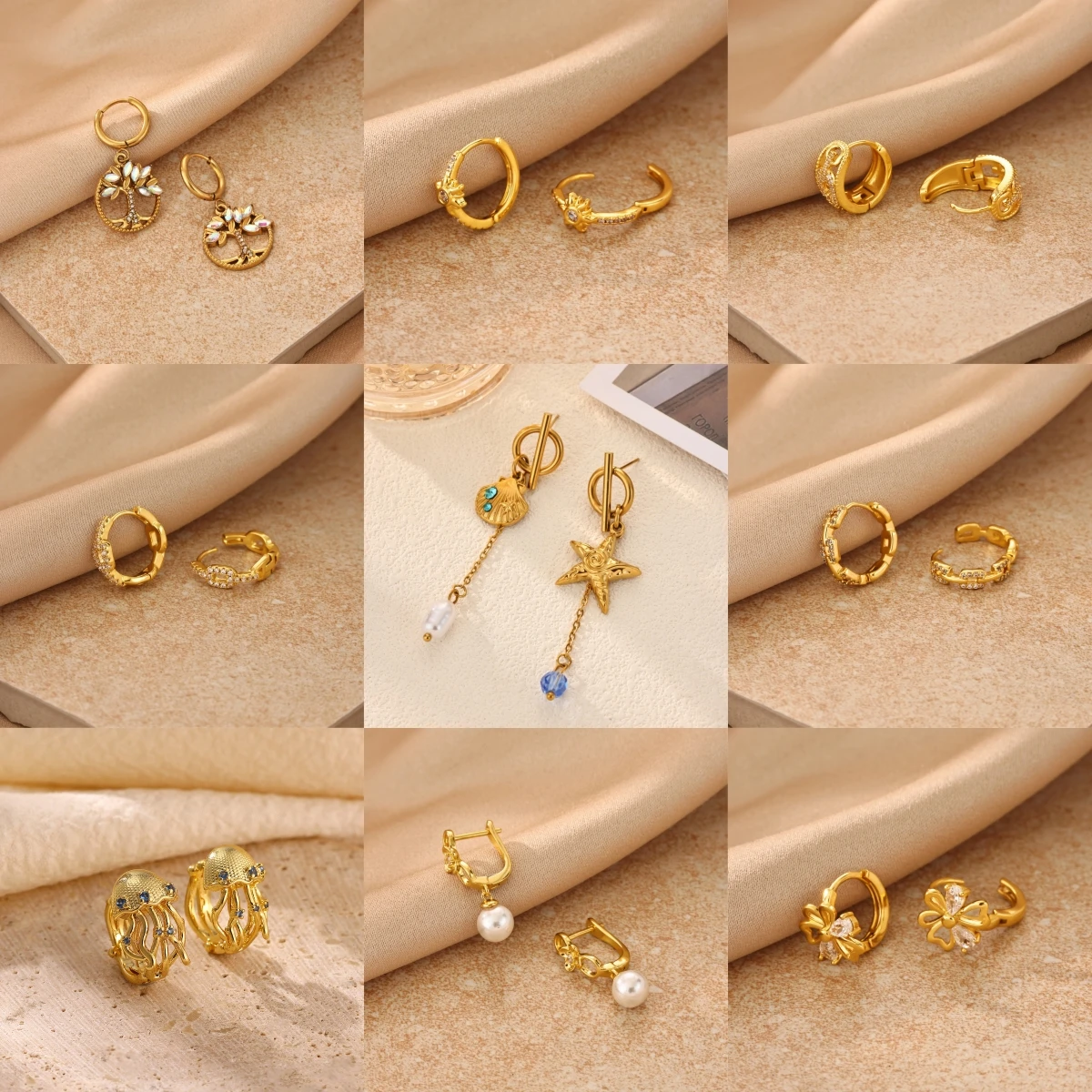 Goldfarbene Kupfer-Blumen-Huggie-Creolen für Damen, mit klaren Zirkonia-Steinen, hohlen Blütenblättern, zarter Blumen-Ohrringe, Hochzeitsschmuck, Geschenk – Detail 1