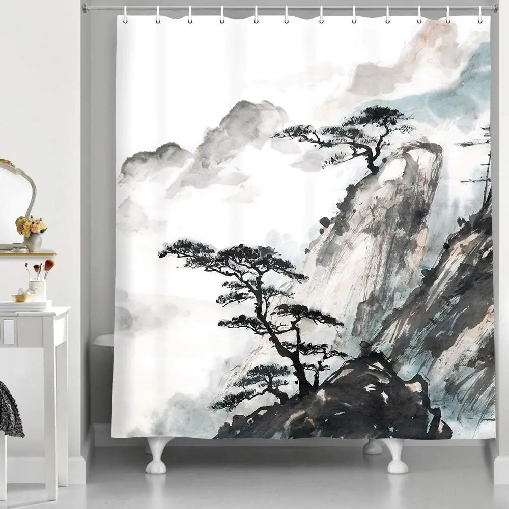 

Asian Scenic Shower Curtain Sets, Chinese Japanese Landscape Black Mountain and Pine Tree Ink Painting Bathroom Curtain