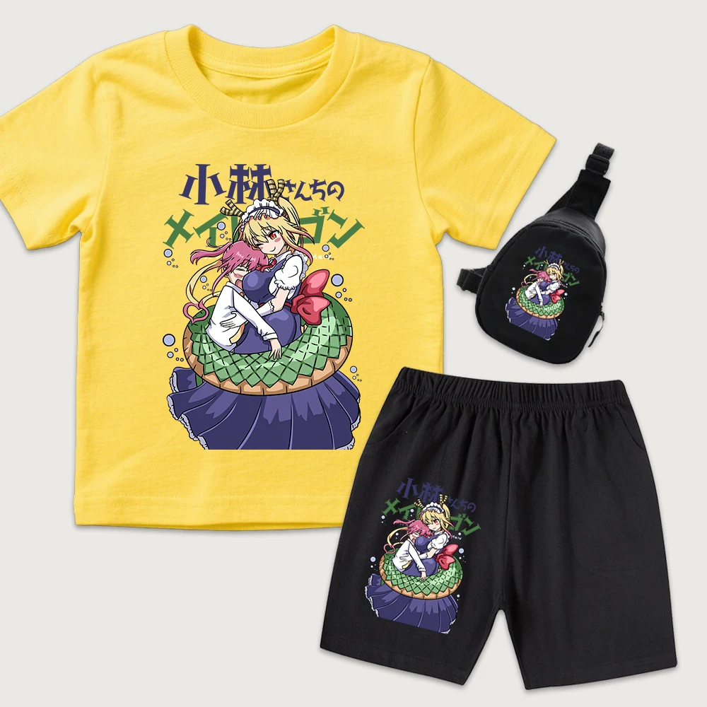 Kids Dragon Maid Kobayashi x Tohru Anime Print Cotton T Shirt Shorts Set Mini Chest Bag 3Pcs Outfit for Boys Girls Summer Casual
