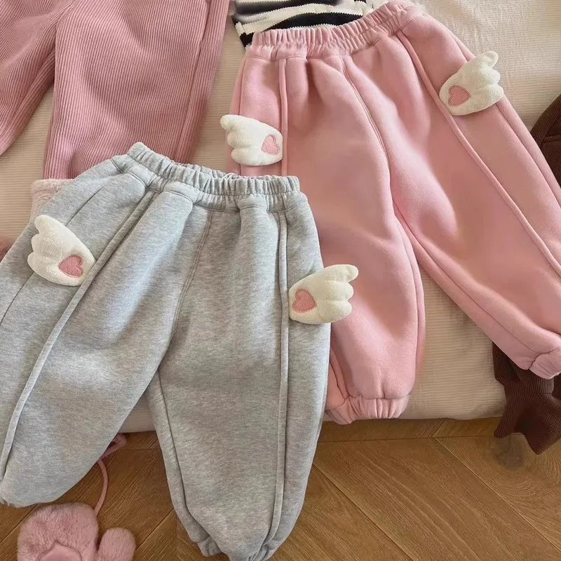 Girls Fleece‑Lined Jogger Pants with Wing Decor Loose Fit Korean Style Kids Trousers Winter New Children Pants