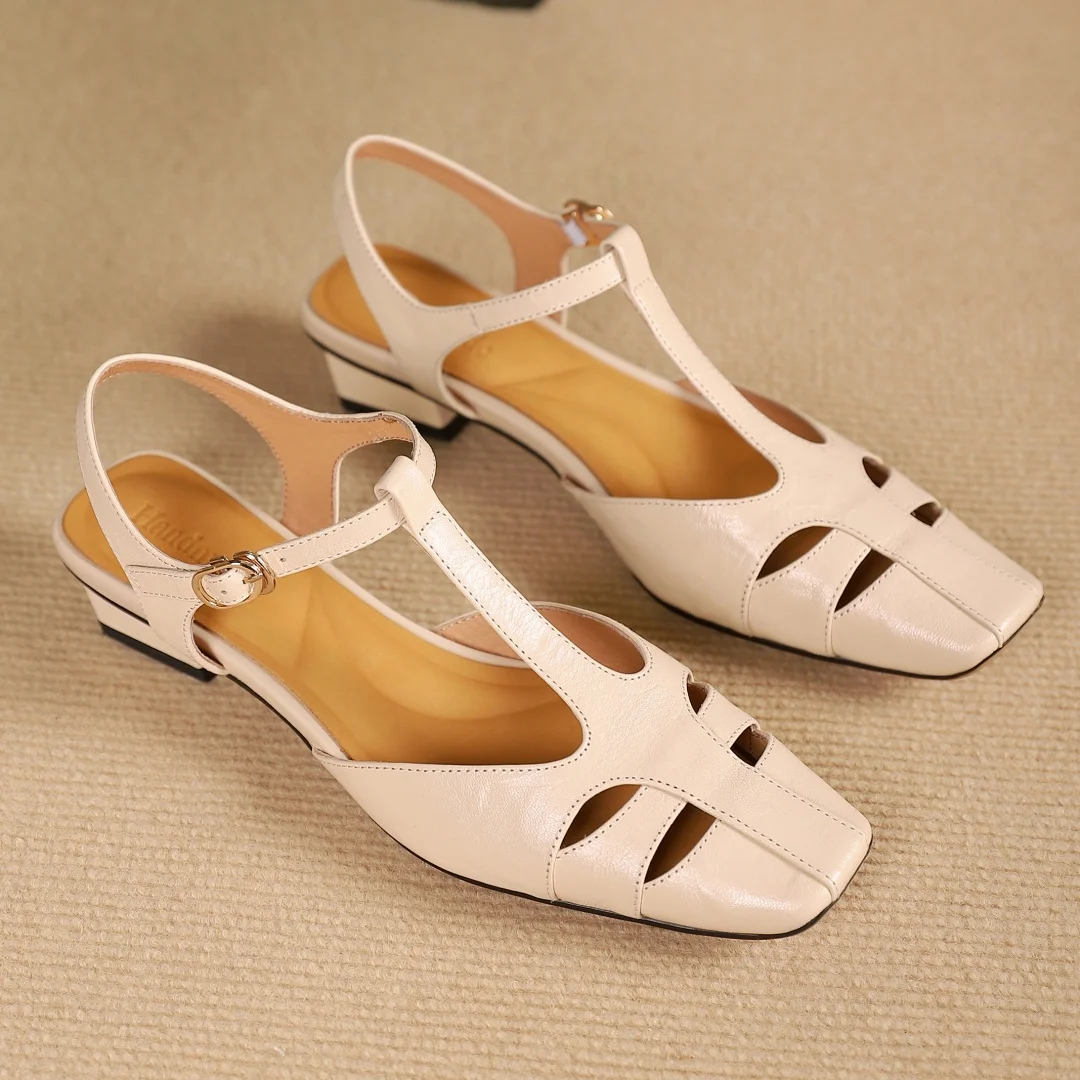 Large size 34-42 women's genuine leather t-strap flats sandals hollow-out elegant ladies slim summer daily dress shoes for woman