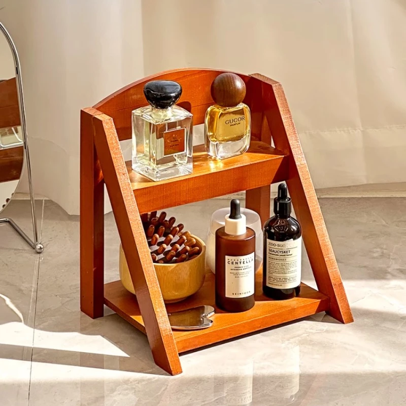 Retro Wooden Shelves Desktop Storage Rack Water Cup Perfume Dressroom Tabletop Cosmetics Storage Jewelry Display Frame Organizer