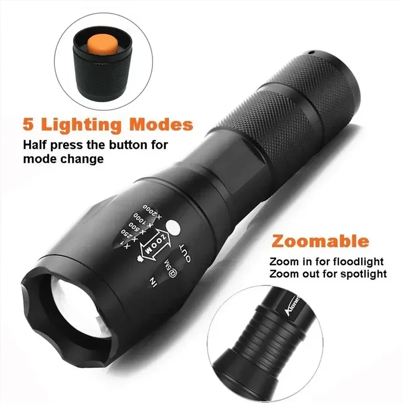 High Power T6 LED Flashlights Camping Torch 5 Light Modes Zoom Light Aluminum Alloys Waterproof Material External 18650 Battery