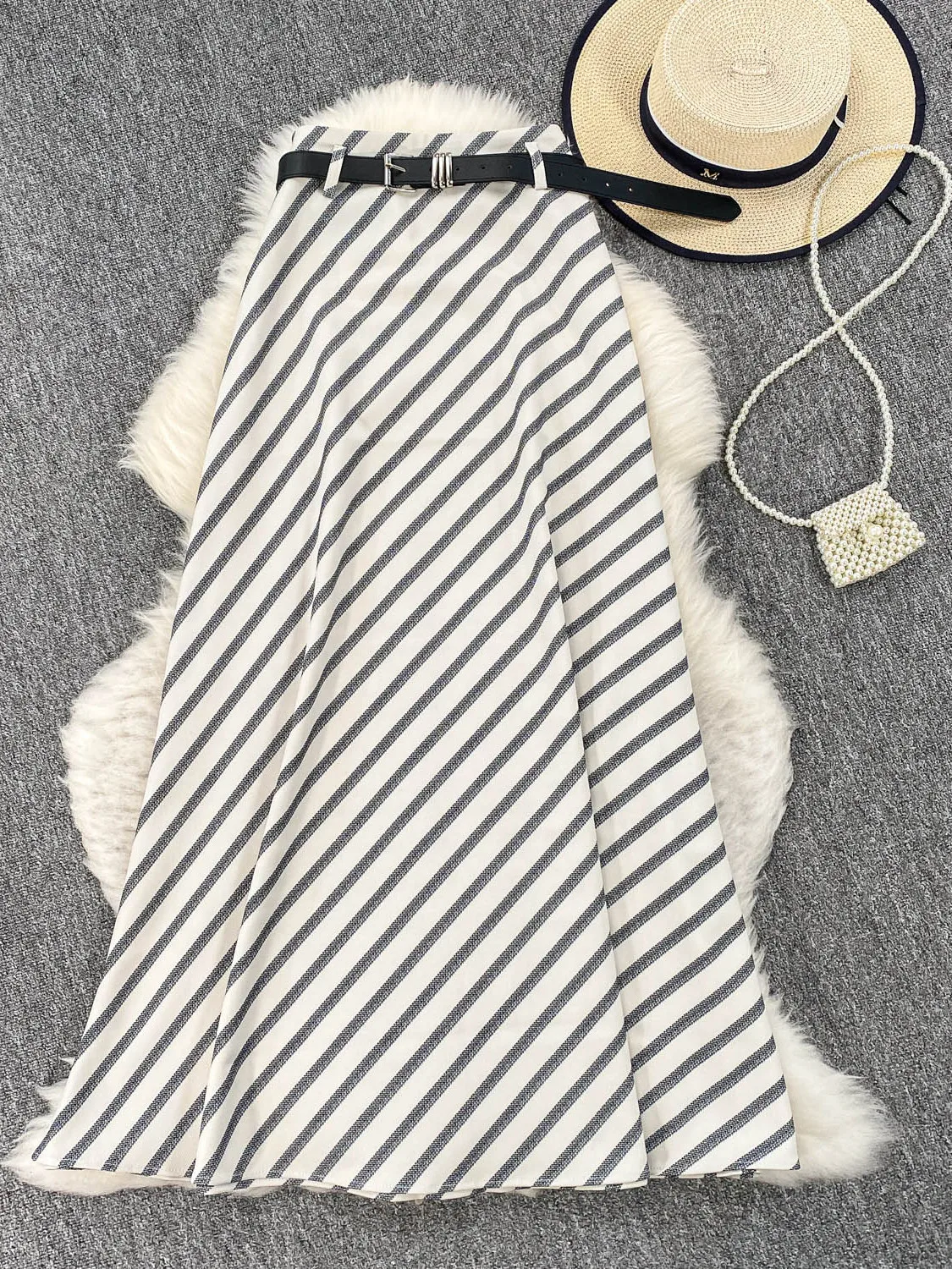 Falda Midi Nea a Rayas para Mujer, Verano 2025, Nueva, Cintura Alta, Corte en A, con Cinturón, Estilo Coreano, para el Trab...