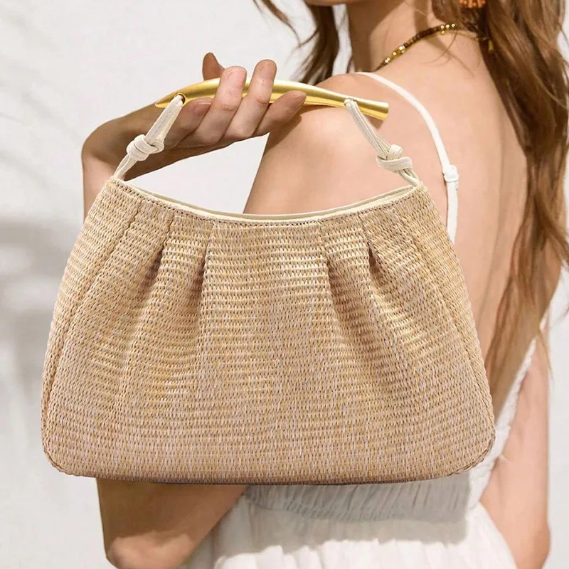

Summer new women multifunctional bronze hardware beach straw bag retro designer metal handle bohemian party and banquet handbag