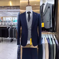 Traje de cuello de bloque de Color para hombre, chaqueta y pantalones, chaleco informal de negocios para boda, conjunto de 3 piezas