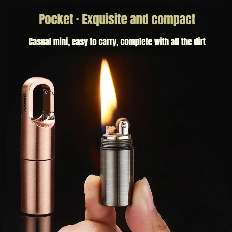 Vintage Stainless Steel Mini Cotton Oil Lighter - Keychain Pendant, Portable Pocket Size, Essential Outdoor Cigarette Accessory
