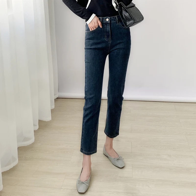 Retro High Waist Slim Fit Straight Leg Denim Jeans Women's Autumn New Style Nine Point High Waist Slimming Eight Tube Pants
