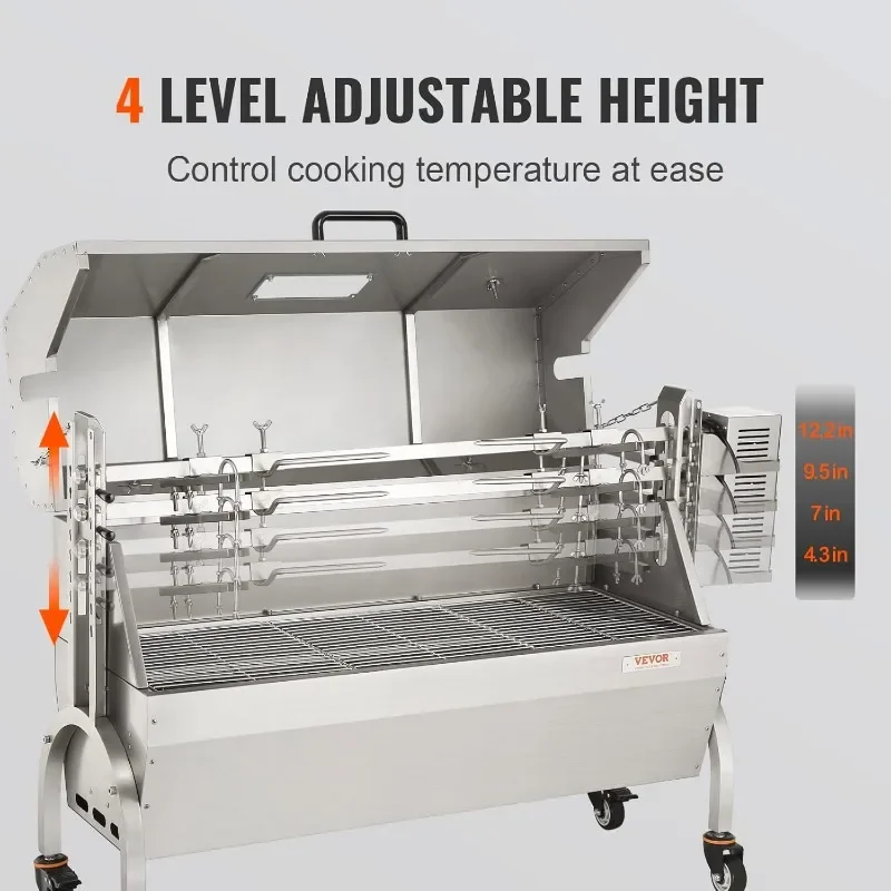 VEVOR roestvrijstalen draaispitgrill met afdekkap met capuchon, BBQ Whole Pig Lamb Goat houtskoolspuuggrill, capaciteit 46 inch 132 lbs