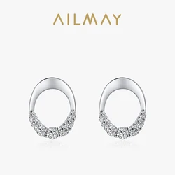 Ailmay Genuine 925 Sterling Silver Luxury Oval Sparkling CZ Stud Earrings For Women Wedding Engagement Geometric Design Jewelry