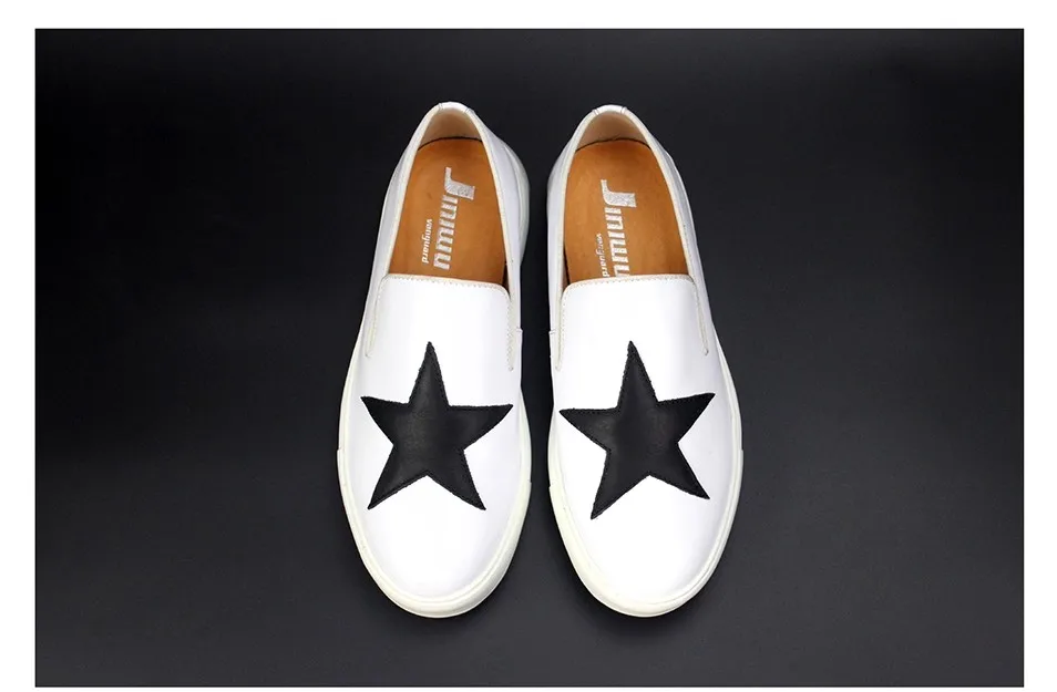 JINIWU 2026 Autumn Winter Star Pattern Casual Loafers Men Simple White Shoes Full Grain Leather Street Skate Sneakers