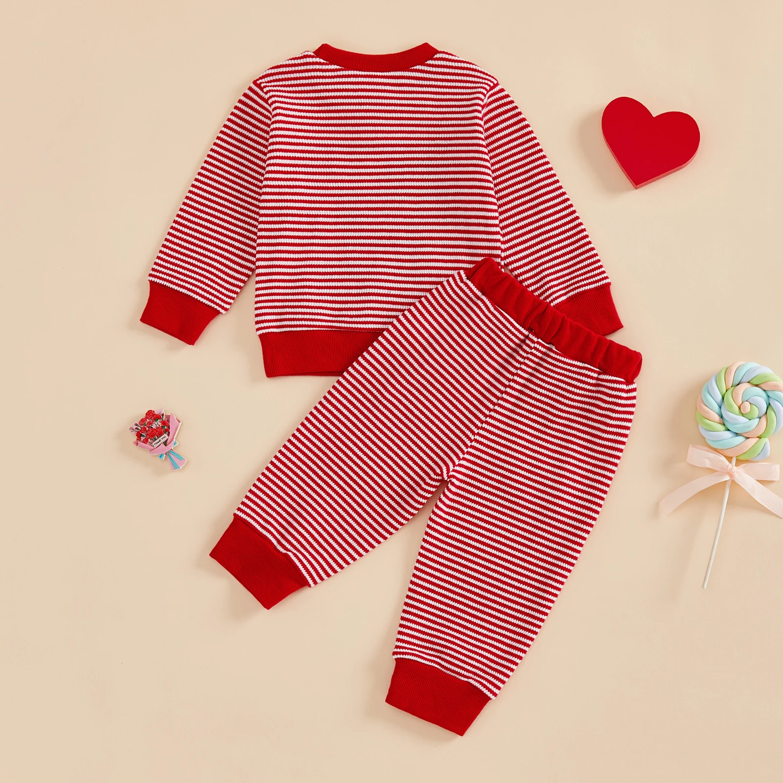 Toddler Baby Boy Valentines Day Outfit Striped Heart Letter Long Sleeve Sweatshirt and Pants 2 Piece Spring Set