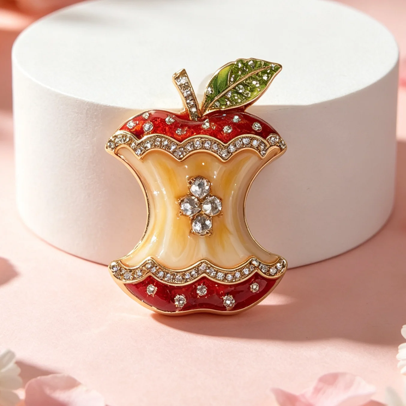 Cute Apple Core Brooch Enamel Crystal Rhinestone Fruit Lapel Pin Gold Tone Metal Statement Brooch Fashion Jewelry Gift For Women