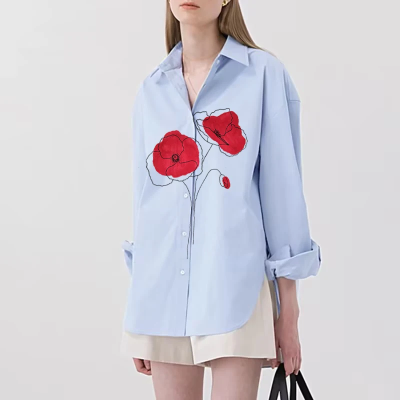 Red Button Shirt With Lapel And Open Collar Elegant Casual Top With Gradient Print, Women's Loose Long Sleeved Shirt For Daily