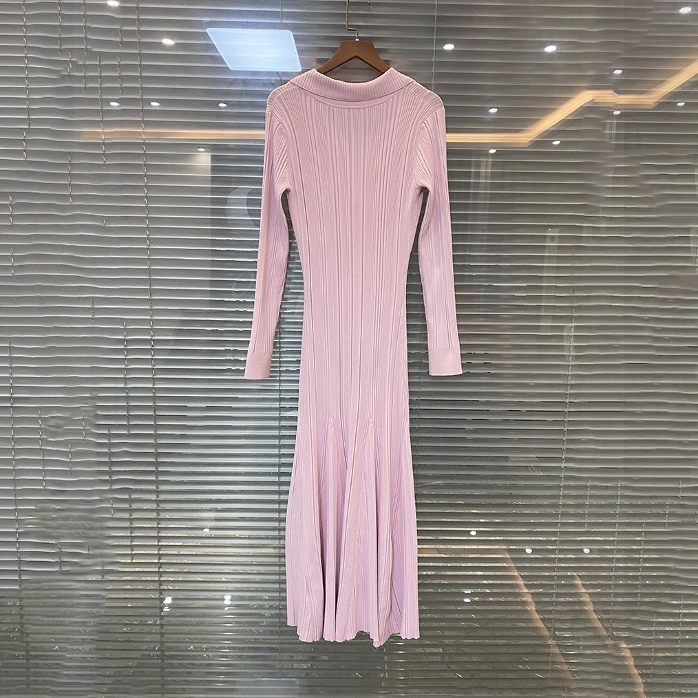 Women\'s pink knitted medium-length dress senior sense of fashion temperament polo collar waist-skimming long dress 2023 new