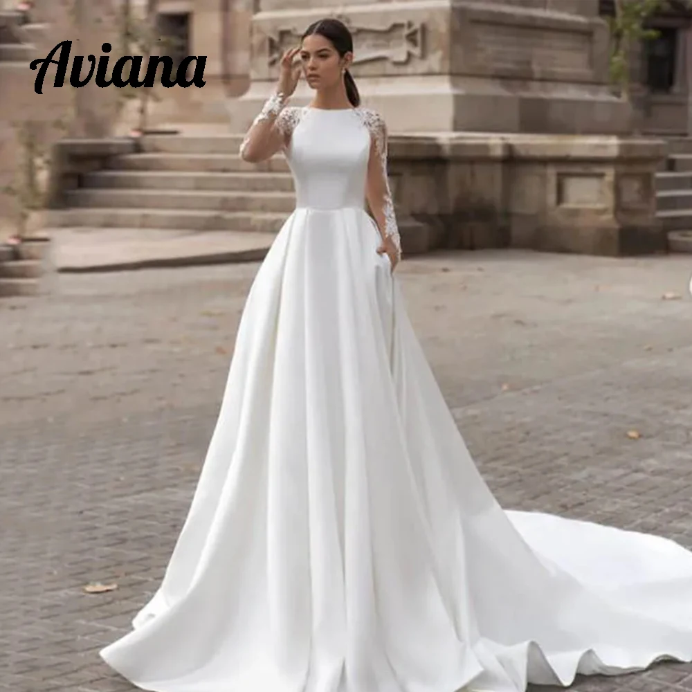 Aviana Elegant Satin Wedding Dresses Lace Long Sleeve Scoop Neck Bride Gowns Illusion Covered Back Sweep Train Vestido de novia