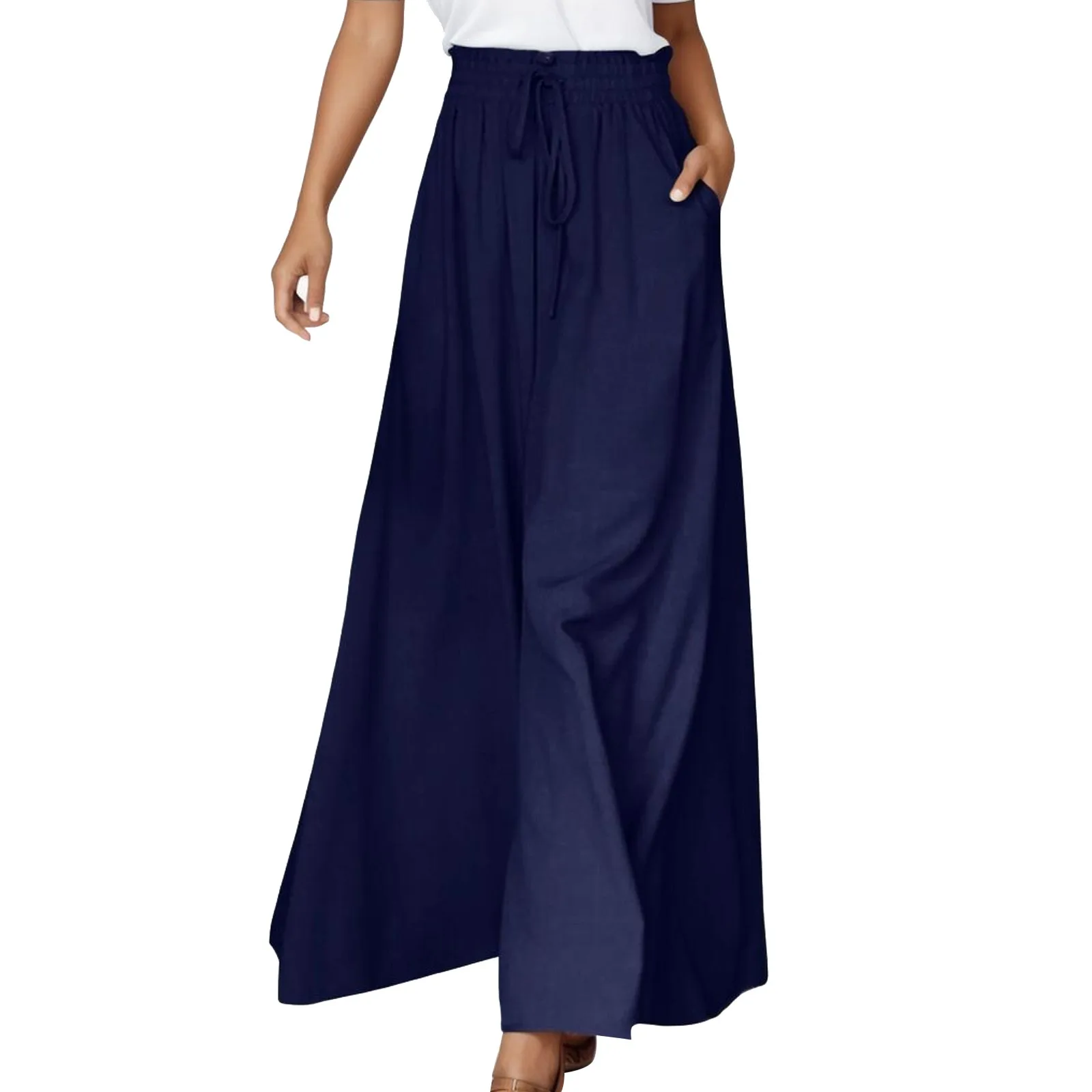 Womens Casual Solid Color Wide Leg Pants Flowy Drape Ruffle Drawstring Waist Long Pants Women Casual Pants Elastic Waist