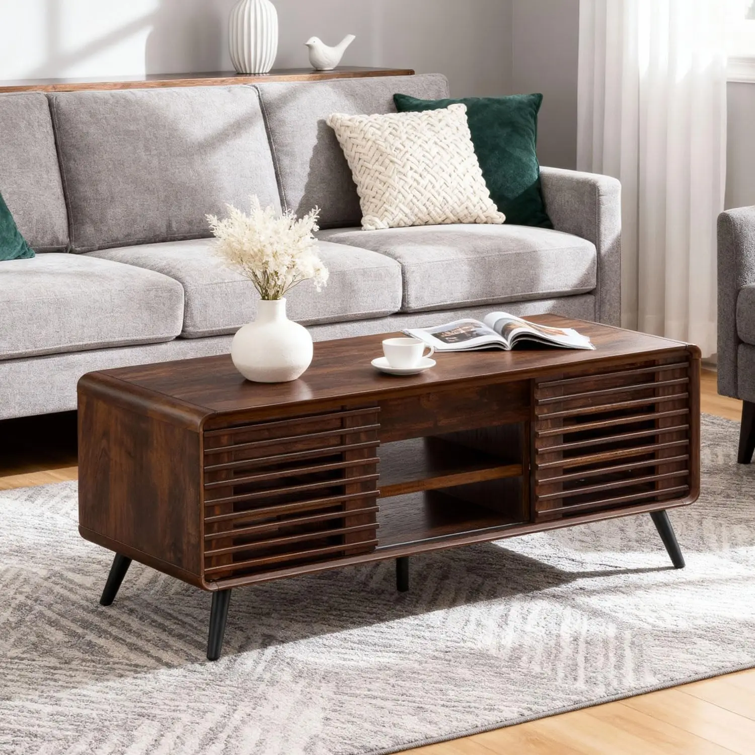 

Lift Top Coffee Table w/Sliding Slatted Door, 48" Mid Century Modern Wood Center Table w/Hidden Storage Compartment, Customized