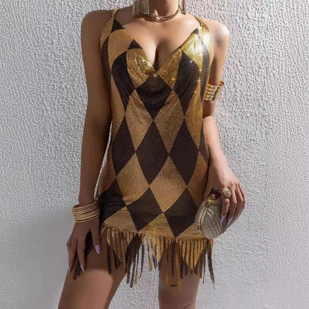 

Sexy Metal Splice Backless Fashion Women's Dress Mini Skirt V-neck Sleeveless Summer New Arrival