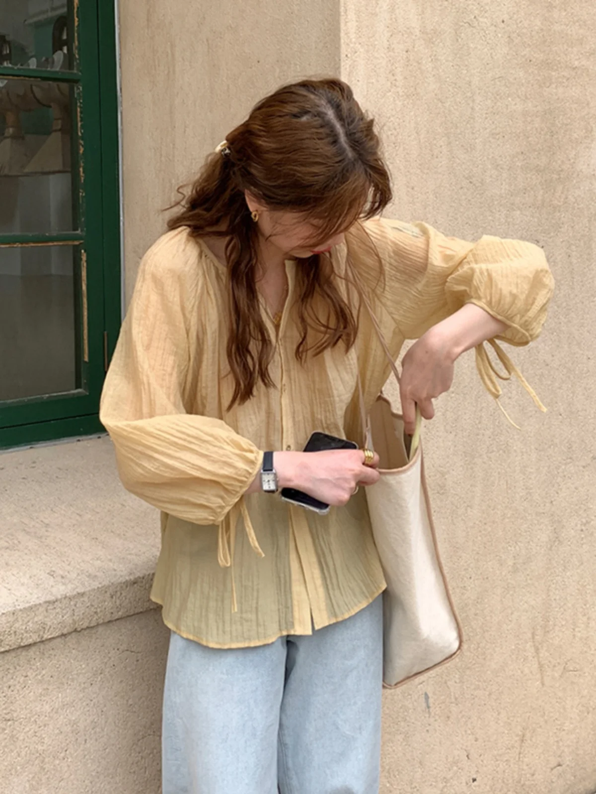 

Loose Long Sve Women's irt V-Ne Japanese Sle Vintage Early Autumn New Sun Protection Button up Straight Cut Commute ...