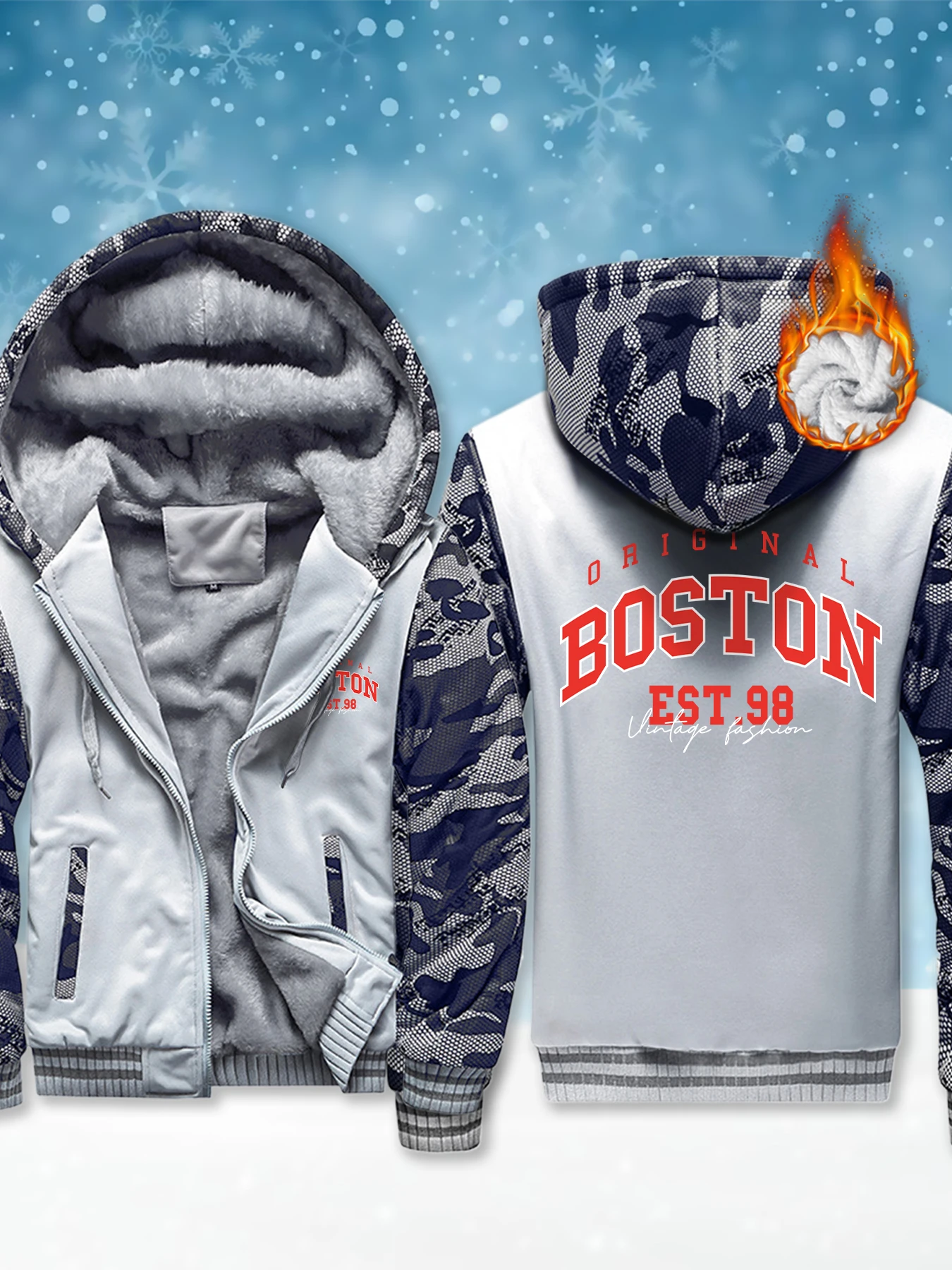 

Оригинальное мужское пальто Boston Est.98 Art Letter Prints, толстая тяжелая уличная одежда, мягкая теплая куртка, флисовая уличная зимняя толстовка с капюшоном