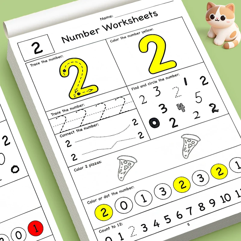32 Pages Preschool Number Handwriting Practice Workbook, Digit Tracing, Count Games and Cute Animal Coloring Activity Sheets