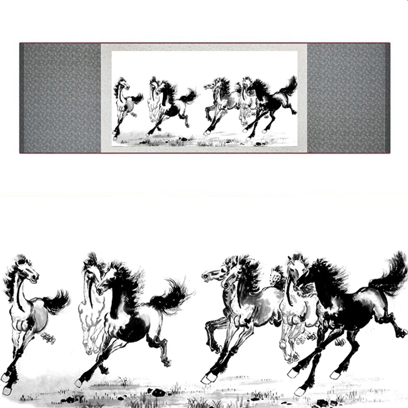 top quality Chinese Horse silk painting  Horse art painting Silk scroll art painting eight horse painting19062709