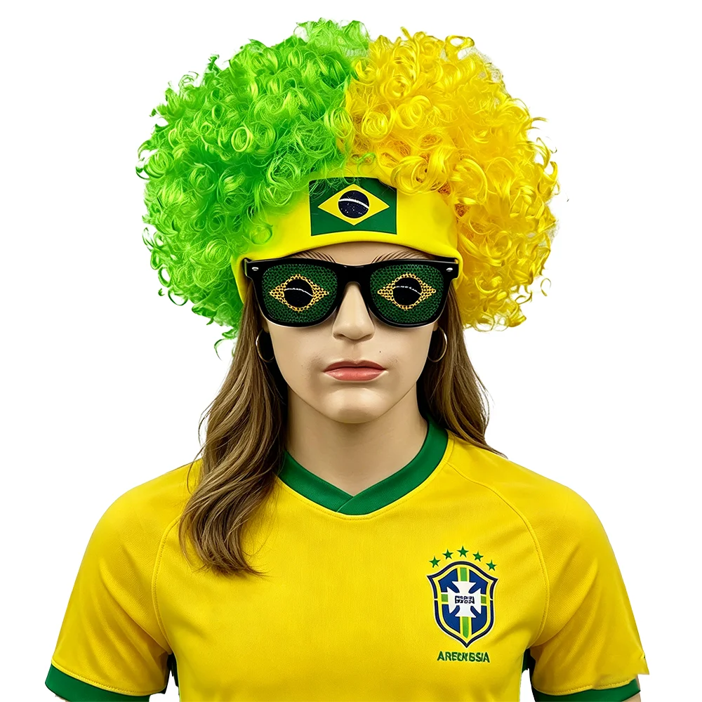 

Brazil Flag Afro Wig + Sunglasses Set - Unisex Brazilian Football Fan Costume for Soccer Game Party Cheer Prop