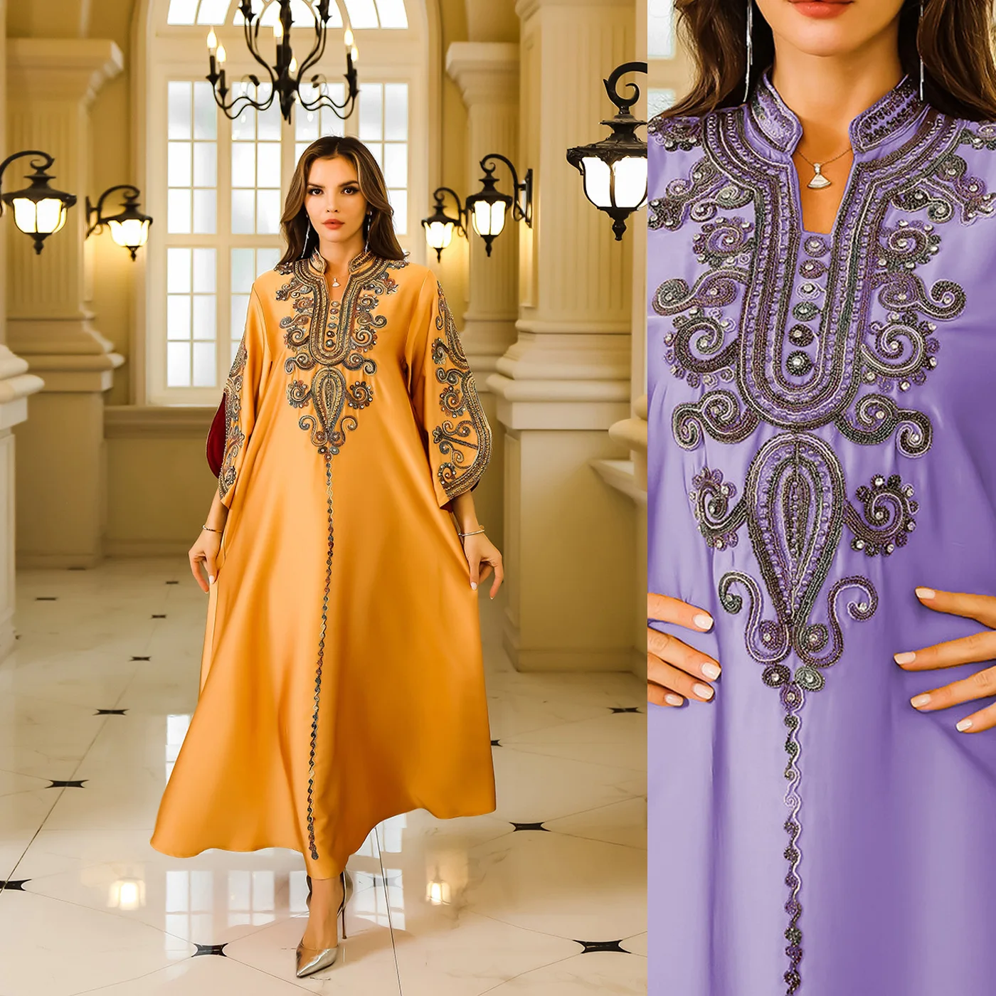 Ramadan Moroccan Evening Dress for Women, Middle Eastern, Muslim Rope, Embroidered Abaya, Dubai, Islamic