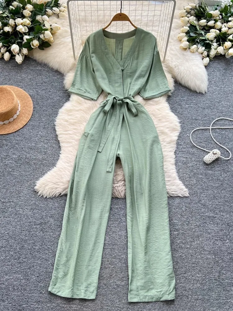 

Casual skinny high waist V-neck short sleeve lace up solid full jumpsuits summer women's jumpsuits new fashion vacation jumpsuit