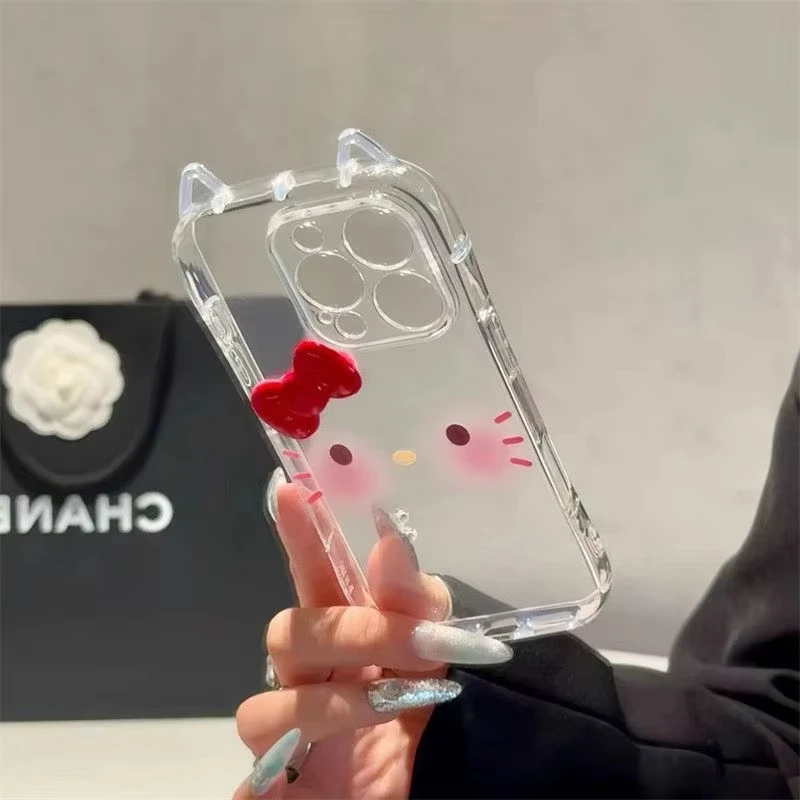 حافظة شفافة بسيطة لطيفة لأحمر الخدود Hello Kitty لهاتف آيفون 13 15 11 16 12 Pro Max 14 7 16 15 8 Plus Xr Xs X Max Se غطاء آذان قطة لطيف