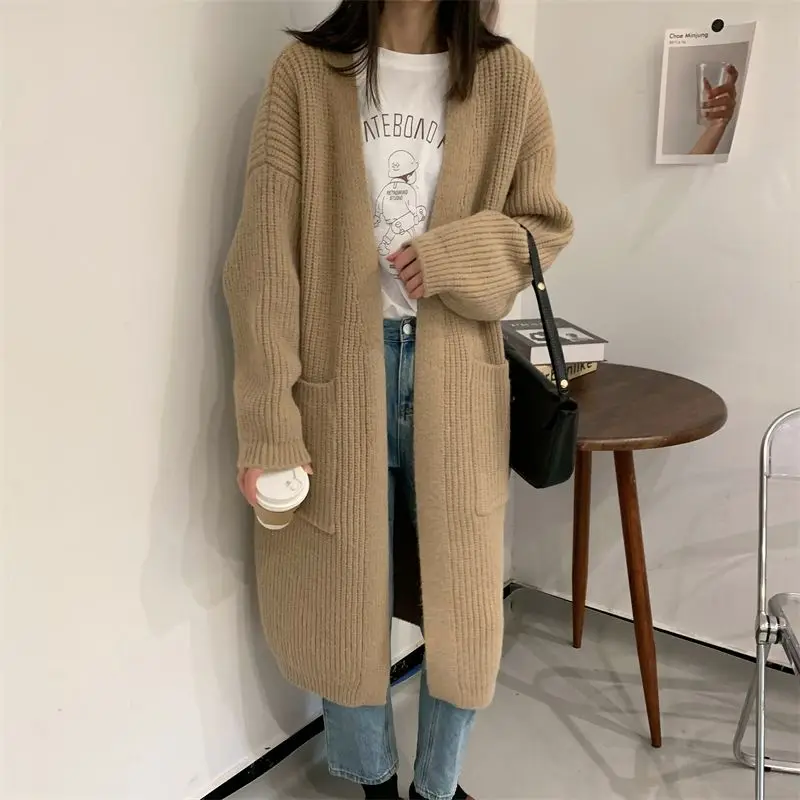 

Thickened Knitted Sweater Korean Rib Blouse Mid-length Cardigan Long Sleeve Tees Femmes Knitwear With Large Pockets Loose Jacket