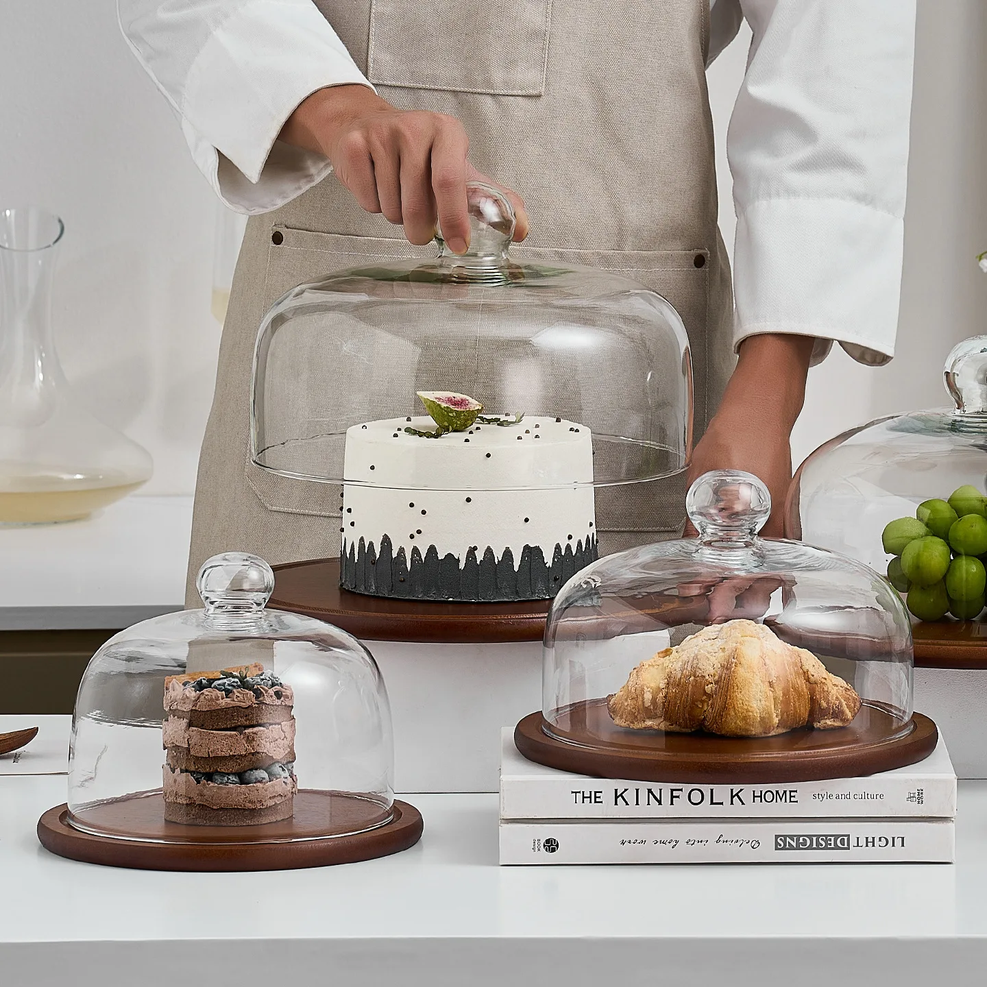 Bandeja de Madera con Tapa de Cristal Estilo Retro, Plato para Pastel, Bandeja para Frutas, Soporte para Postres, Exhibidor para Bodas, Camiseta de Manga Corta con Diseño Creativo