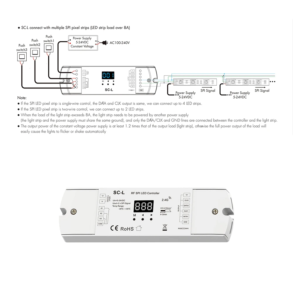 Skydance SC-L DC5-24V 2.4GHzRF + Interruptor SPI 900Pixels Controlador TTL Para WS2811 WS2812 WS2813 WS2815 RGBIC/RGBWIC LED Strip