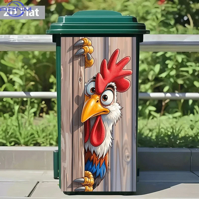 2D Flat Printing 1pc Trash Can Sticker, Peeking Chicken Behind Wooden Door Theme Design, Self-Adhesive Wall Decal Wallpaper, K