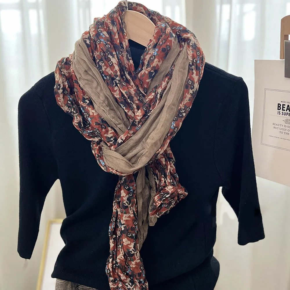 

Хлопково-полиэстеровый шарф-платок с цветочным узором, плиссированный, на все сезоны, натуральный, с эффектом мятой ткани, длинный, винтажный, для головы, в качестве хиджаба, шарфа или накидки