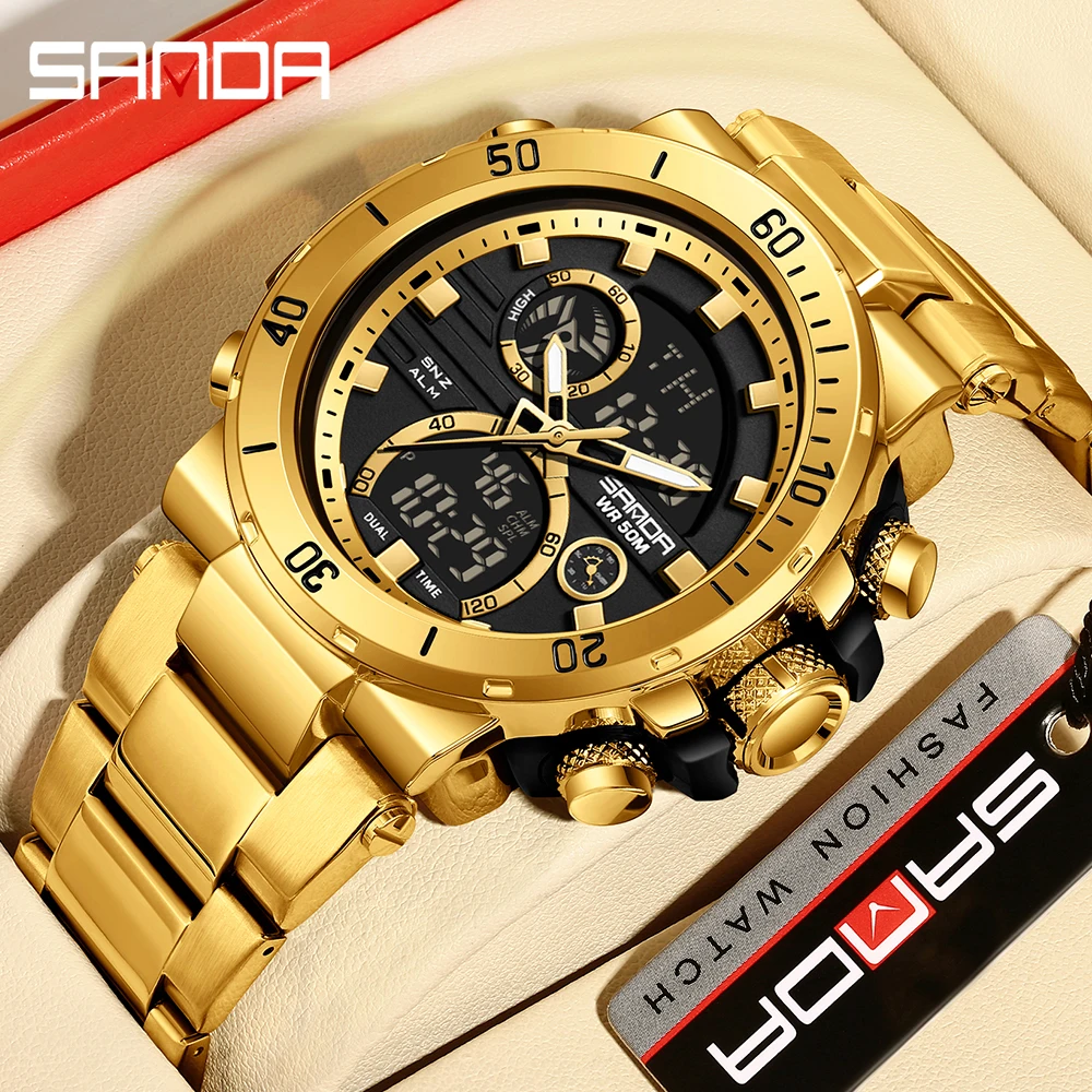 

Fashion Sanda Top Brand 6175 Electronic Cool Waterproof Alarm Clock Multi Functional Full Stainless Steel Band Men Trend Watch