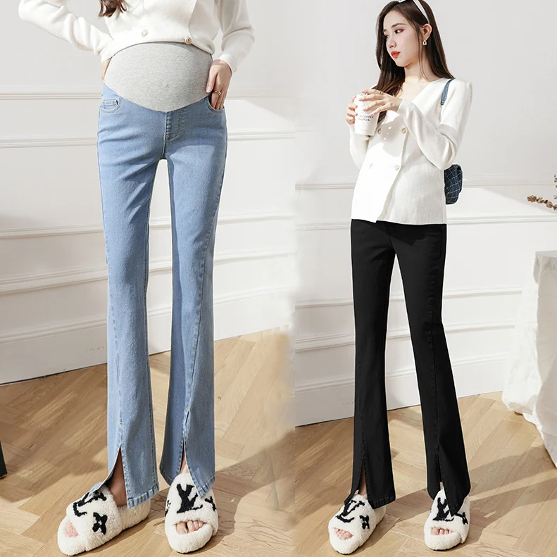 

Woman Denim Trousers Skinny Pregnancy Split Pants Flare Trousers Spring Autumn Maternity Belly Jeans High Waist Fashion Pregnant