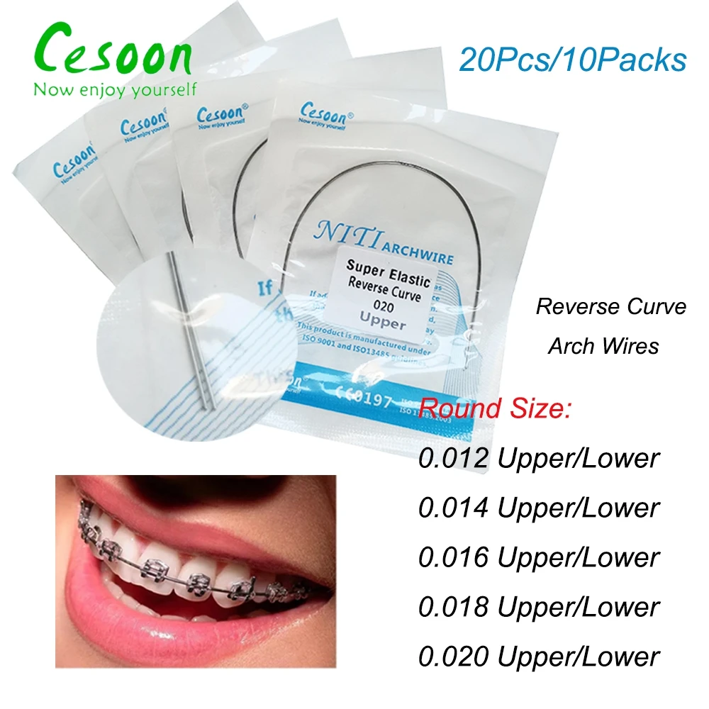 20Pcs/10Packs Dental Orthodontic Niti Arch Wires Reverse Curve Super Elastic Round Rectangular Upper/Lower Dentistry Materials