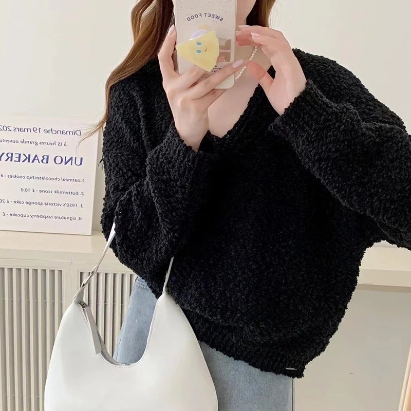 Lazy Style Loose V-Neck Plush Pullovers Women Autumn Winter Y2K Solid Color Cropped Sweater Korean Retro Soft Knitting Jumpers