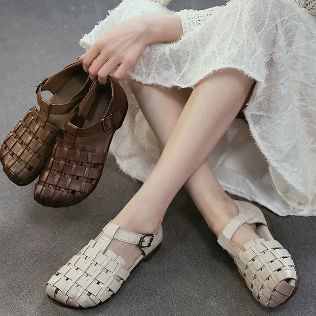 Handwoven Leather Sandals Spanish Style Flat Heel Low Cut Casual Sandals with Buckle Closure Comfortable Leather Upgraded Ver...